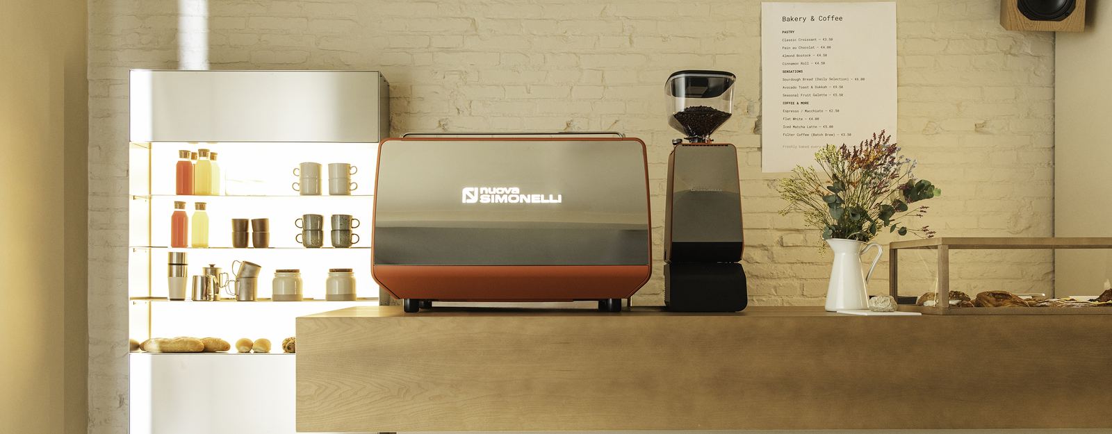 Nuova Simonelli Appia Viva z młynkiem na barze kawiarni z pieczywem